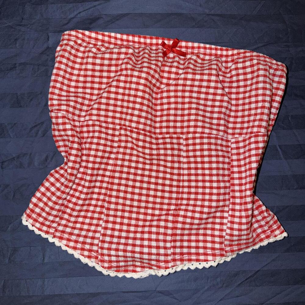 Red Gingham Strapless Tube Top with Lace Trim